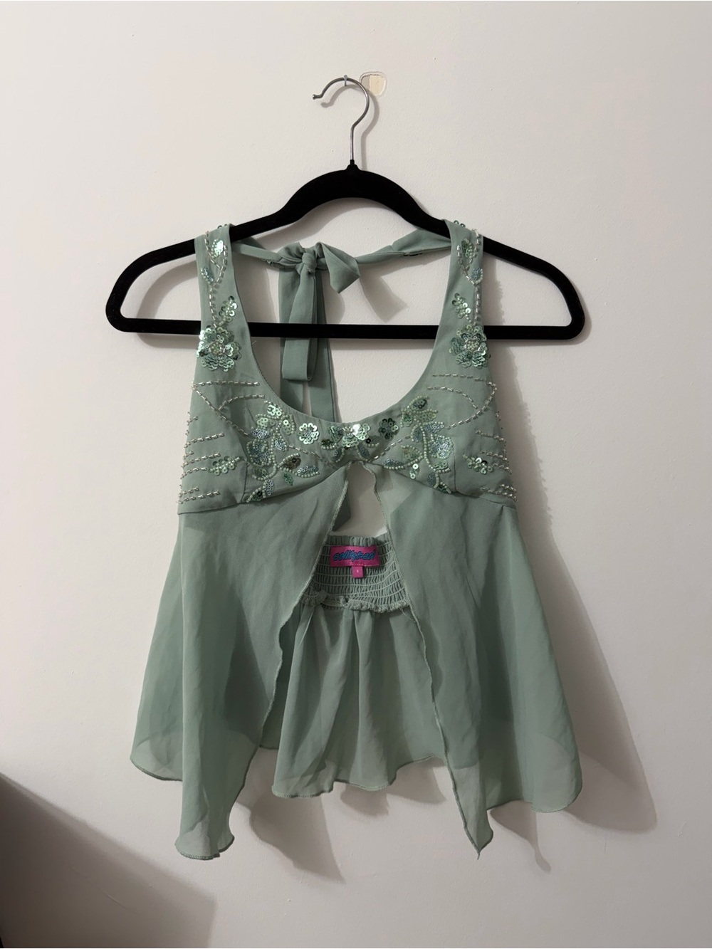 Edikted Sage Green Embellished Chiffon Halter Camisole